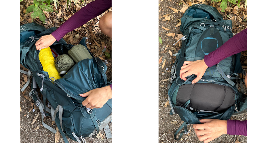 Osprey Ariel Plus 70 Access Points - U Zip and sleeping bag compartment